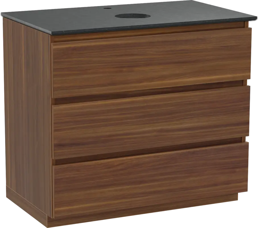 Balmani Lucida freistehendes Möbelstück Set: 90 x 55 cm, Amerikanischer Nussbaum, mit Facetta Einzel Waschtischplatte, Schwarzes Granit Preis Gesenkt
