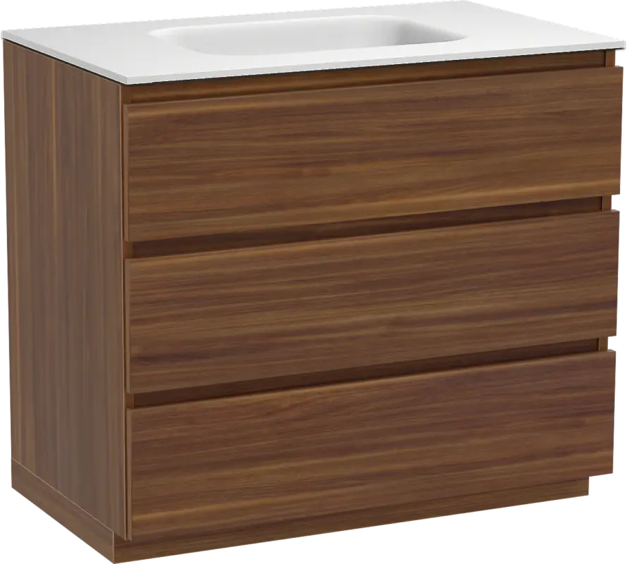Balmani Lucida freistehendes Möbelstück Set: 90 x 55 cm, Amerikanischer Nussbaum, mit Tablo Arcato Einzelwaschtisch, Solid Surface Weiß matt Preisreduziert