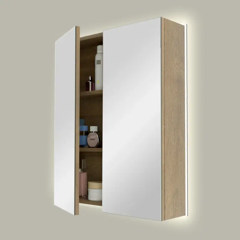 Bestseller Linie Montro Spiegelschrank, 60 x 75 cm, Eiche Natur, mit Spiegelbeleuchtung
