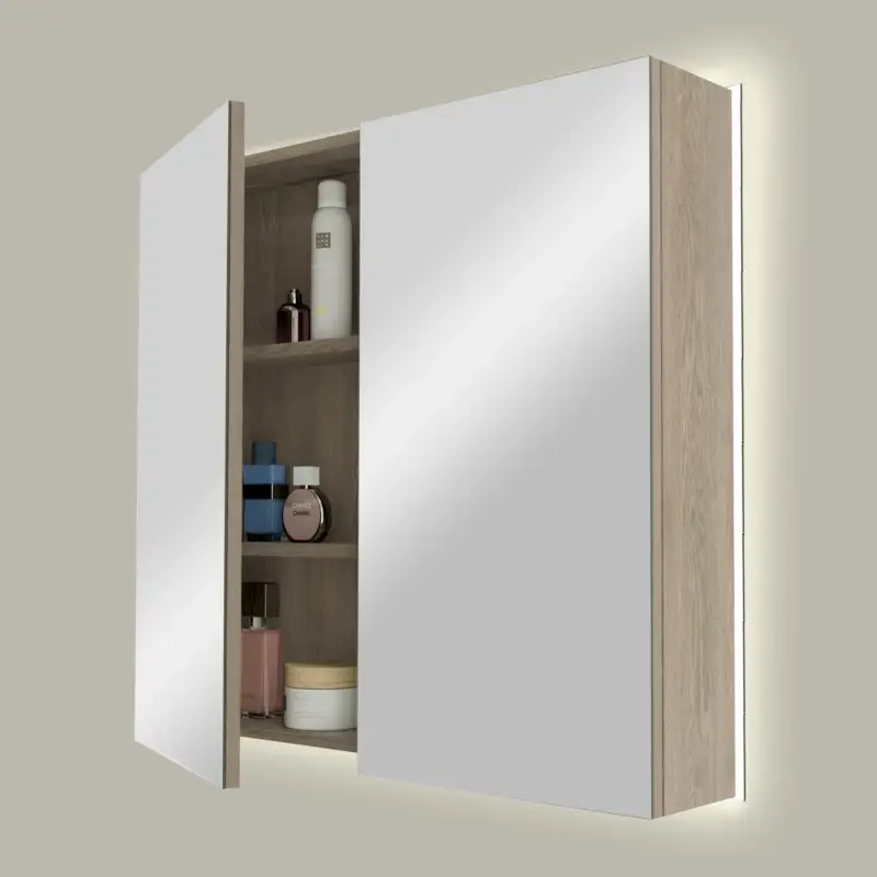 Abverkauf Linie Montro Spiegelschrank, 80 x 75 cm, graue Eiche, mit Spiegelbeleuchtung