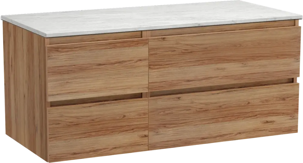 Schneller Versand Balmani Lucida hängendes Möbelstück Set: 120 x 55 cm, Teak, mit Stretto Einzel- oder Doppel Waschtischplatte, Marmor Carrara