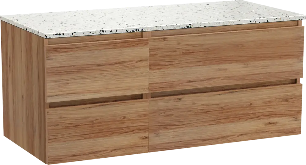 Nur Heute Balmani Lucida hängendes Möbelstück Set: 120 x 55 cm, Teak, mit Stretto Einzel- oder Doppel Waschtischplatte, Terrazzo in Weiß/Schwarz matt