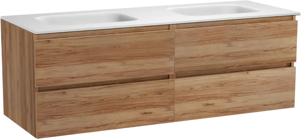Sale Balmani Lucida hängendes Möbelstück Set: 150 x 55 cm, Teak, mit Tablo Arcato Doppelwaschtisch, Solid Surface Weiß matt