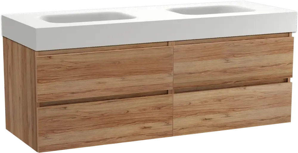 Balmani Lucida hängendes Möbelstück Set: 150 x 55 cm, Teak, mit Arcato Doppelwaschtisch, Solid Surface Weiß matt Preis Gesenkt