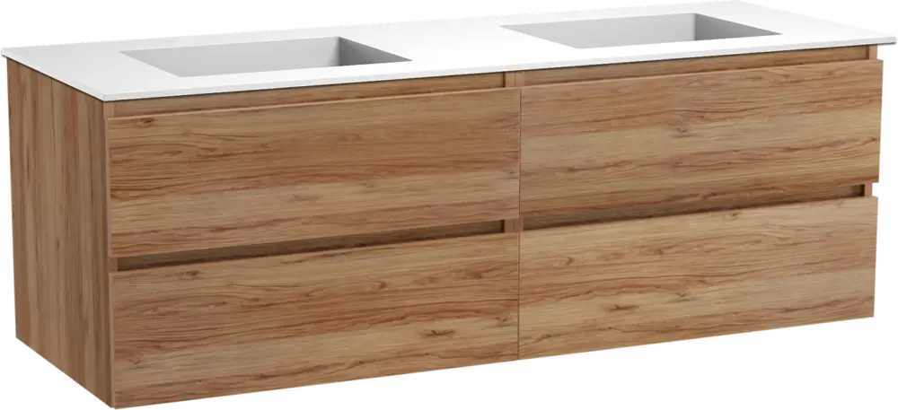 Balmani Lucida hängendes Möbelstück Set: 150 x 55 cm, Teak, mit Tablo Stretto Doppelwaschtisch, Solid Surface Weiß matt Begrenztes Angebot