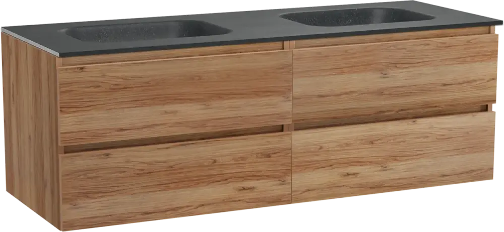 Balmani Lucida hängendes Möbelstück Set: 150 x 55 cm, Teak, mit Tablo Arcato Doppelwaschtisch, Schwarzes Granit Top-Seller