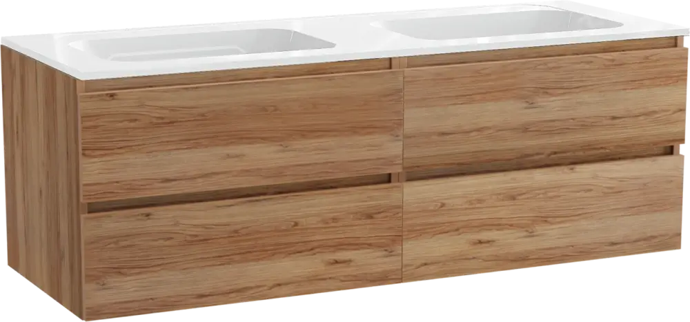 Sonderangebot Balmani Lucida hängendes Möbelstück Set: 150 x 55 cm, Teak, mit Tablo Strada Doppelwaschtisch, Marmorkomposit Weiß glänzend