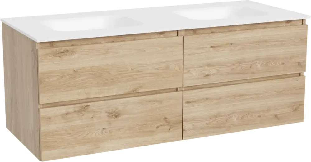 Balmani Lucida hängendes Möbelstück Set: 135 x 55 cm, Rohe Eiche, mit Tablo Arcato Doppelwaschtisch, Solid Surface Weiß matt Mega-Angebot