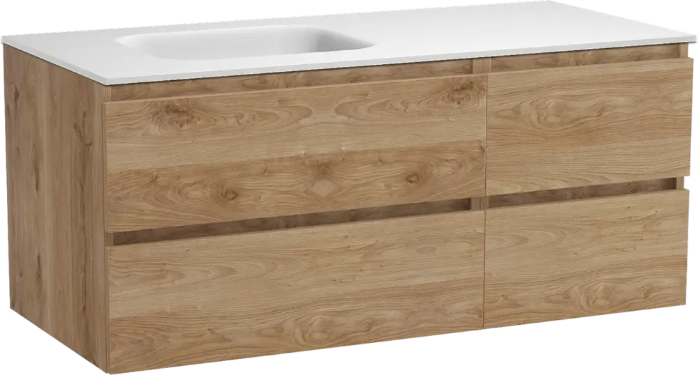 Saisonangebot Balmani Lucida hängendes Möbelstück Set: 120 x 55 cm, Rohe Eiche, mit Tablo Arcato Waschtisch links, Solid Surface Weiß matt