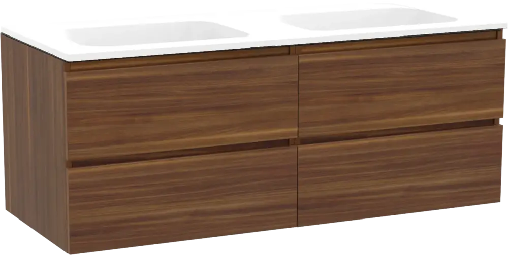 Balmani Lucida hängendes Möbelstück Set: 135 x 55 cm, Amerikanischer Nussbaum, mit Tablo Strada Doppelwaschtisch, Marmorkomposit Weiß matt Saisonangebot