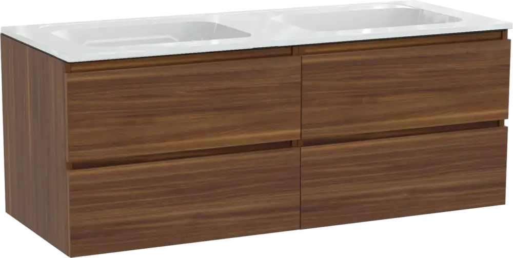 Markenprodukt Balmani Lucida hängendes Möbelstück Set: 135 x 55 cm, Amerikanischer Nussbaum, mit Tablo Strada Doppelwaschtisch, Marmorkomposit Weiß glänzend