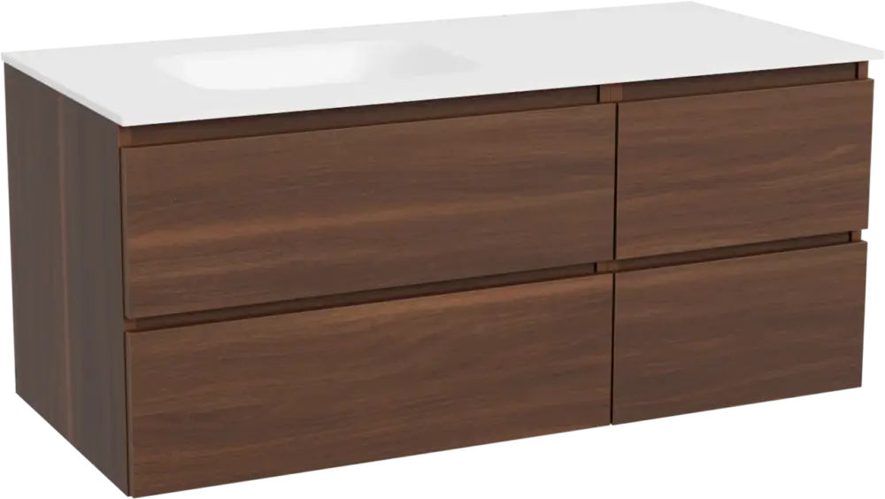 Balmani Lucida hängendes Möbelstück Set: 120 x 55 cm, Amerikanischer Nussbaum, mit Tablo Arcato Waschtisch links, Solid Surface Weiß matt Direktkauf