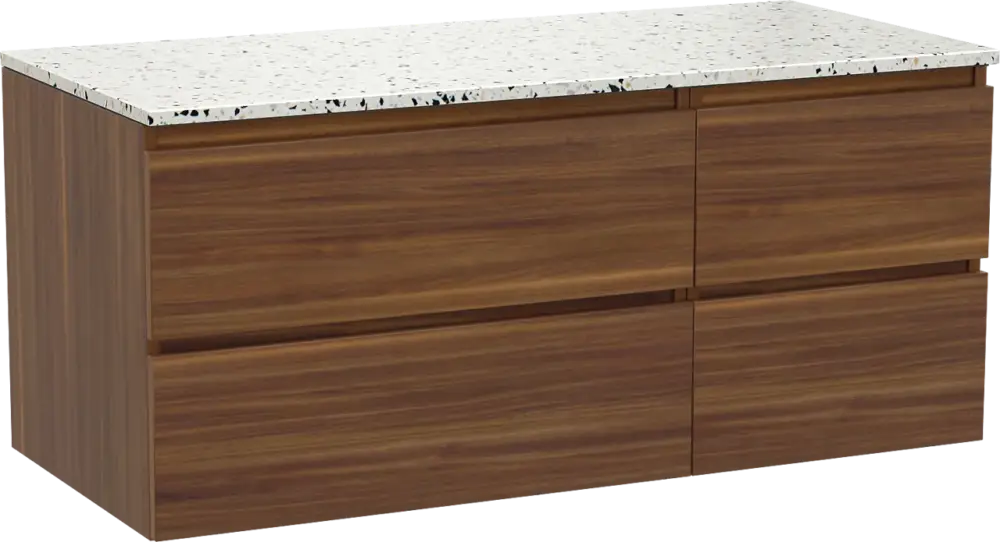 Direkt Vom Hersteller Balmani Lucida hängendes Möbelstück Set: 120 x 55 cm, Amerikanischer Nussbaum, mit Stretto Einzel- oder Doppel Waschtischplatte, Terrazzo in Weiß/Schwarz matt