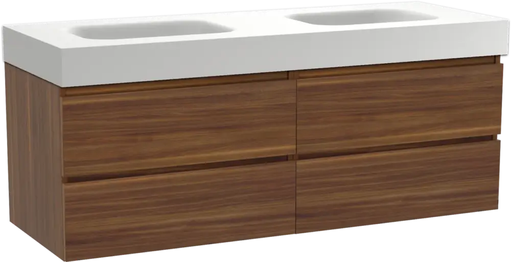 Balmani Lucida hängendes Möbelstück Set: 150 x 55 cm, Amerikanischer Nussbaum, mit Arcato Doppelwaschtisch, Solid Surface Weiß matt Top-Preis
