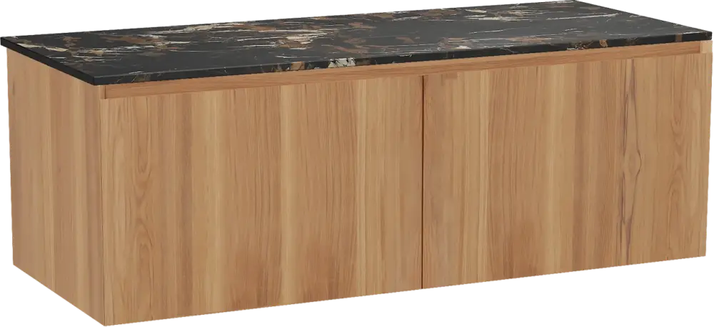 Neue Kollektion Balmani Idra by Mitra hängendes Möbelstück Set: 135 x 55 cm, Teak, mit Stretto Einzel- oder Doppel Waschtischplatte, Marmor Portoro Gold
