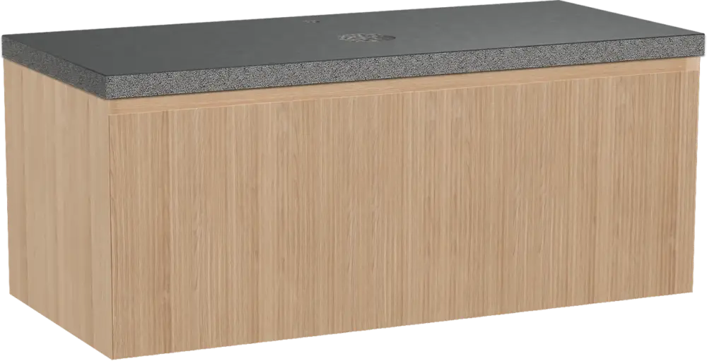 Balmani Fila by Mitra hängendes Möbelstück Set: 120 x 55 cm, Naturbelassene Eiche, mit Rock Einzel Waschtischplatte, Granit, Schwarzes Granit, Vertikale symmetrische gerade Rippe Bestseller