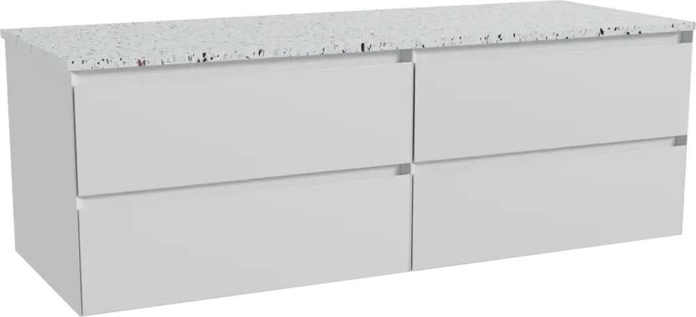 Balmani Mitra hängendes Möbelstück Set: 150 x 55 cm, Weiß matt, mit Stretto Einzel- oder Doppel Waschtischplatte, Terrazzo in Weiß/Schwarz matt Preiswert