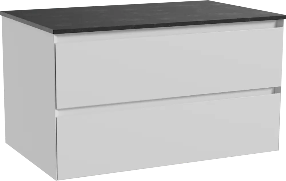 Sofort Bestellen Balmani Mitra hängendes Möbelstück Set: 90 x 55 cm, Weiß matt, mit Stretto Einzel Waschtischplatte, Schwarzes Granit