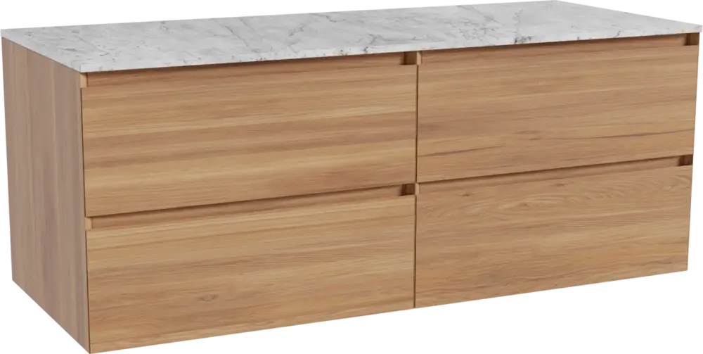 Balmani Mitra hängendes Möbelstück Set: 135 x 55 cm, Teak, mit Stretto Einzel- oder Doppel Waschtischplatte, Marmor Carrara Sale