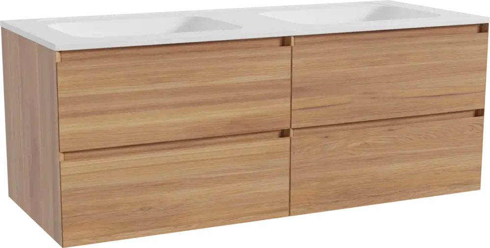 Balmani Mitra hängendes Möbelstück Set: 135 x 55 cm, Teak, mit Tablo Strada Doppelwaschtisch, Marmorkomposit Weiß matt Top-Angebot