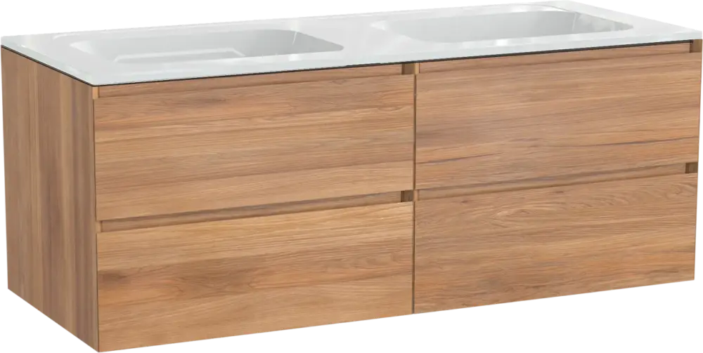Begrenztes Angebot Balmani Mitra hängendes Möbelstück Set: 135 x 55 cm, Teak, mit Tablo Strada Doppelwaschtisch, Marmorkomposit Weiß glänzend