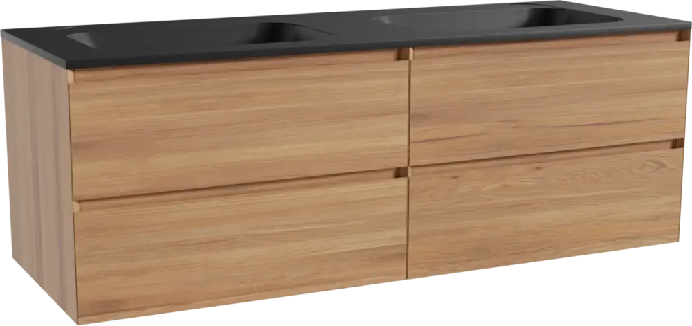 Super-Preis Balmani Mitra hängendes Möbelstück Set: 150 x 55 cm, Teak, mit Tablo Strada Doppelwaschtisch, Marmorkomposit Schwarz matt