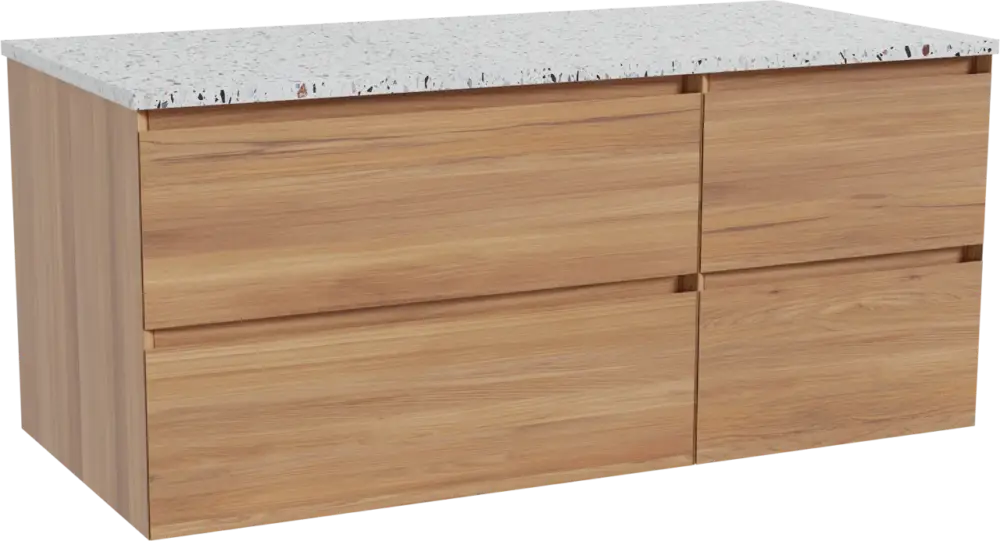 Nur Heute Balmani Mitra hängendes Möbelstück Set: 120 x 55 cm, Teak, mit Stretto Einzel- oder Doppel Waschtischplatte, Terrazzo in Weiß/Schwarz matt