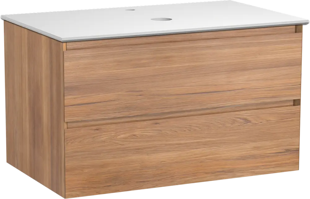 Balmani Mitra hängendes Möbelstück Set: 90 x 55 cm, Teak, mit Facetta Einzel Waschtischplatte, Solid Surface Weiß matt Bestseller