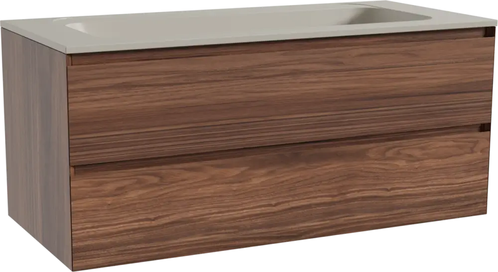 Highlight Balmani Mitra hängendes Möbelstück Set: 120 x 55 cm, Nussbaum, mit Tablo Strada Einzelwaschtisch für 2 Armaturenlöcher, Marmorkomposit Seidengrau