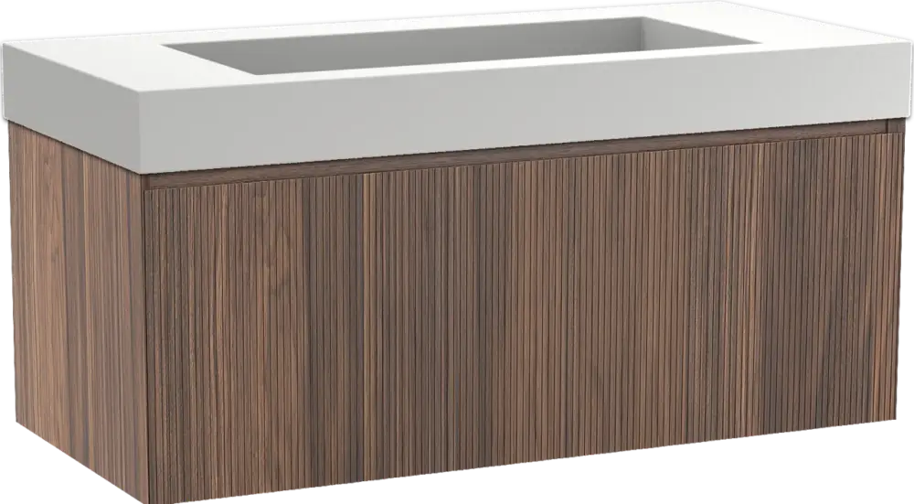 Neuheit Balmani Fila by Mitra hängendes Möbelstück Set: 120 x 55 cm, Nussbaum, mit Modus Einzelwaschtisch für 2 Armaturenlöcher, Solid Surface, Weiß matt, Vertikale symmetrische gerade Rippe