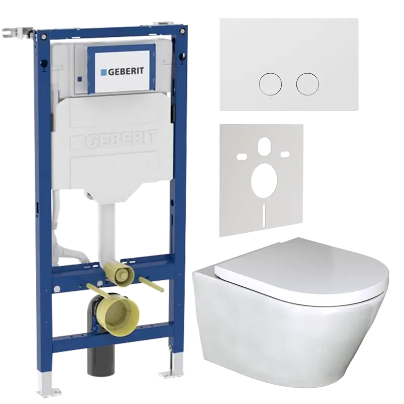 WC Set: Luca Varess Calibro Hänge WC, Weiß glänzend, spülrandlos, Geberit UP320 Systemfix Einbauspülkasten mit Luca Varess Betätigungsplatte Geprüft