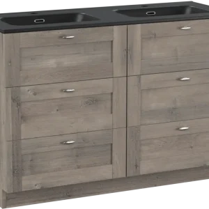 Aktuell Linie Classo freistehendes Möbelstück Set: 120 x 46 cm, Graue Eiche, mit Baro Doppelwaschtisch, Porzellan Schwarz matt
