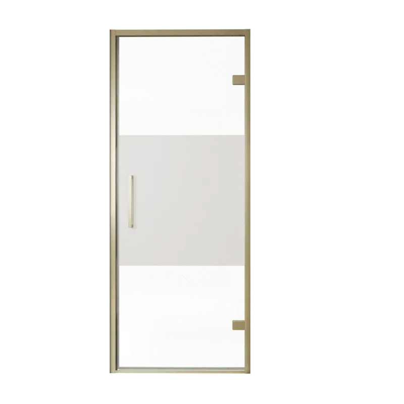 Balmani Senses Design Dusche Drehtür, Rechts, 90 cm x 210 cm, Klarglas mit mattiertem Streifen, Profil Brushed Champagner Gold Ausverkauf