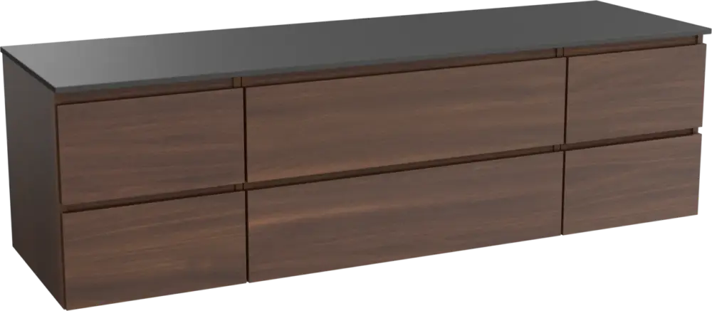Aktuell Balmani Lucida hängendes Möbelstück Set: 180 x 55 cm, Amerikanischer Nussbaum, mit Stretto Einzel- oder Doppel Waschtischplatte, Schwarzes Granit