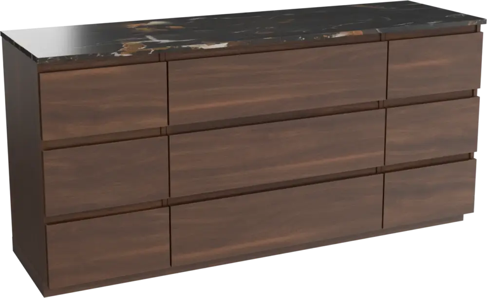 Balmani Lucida freistehendes Möbelstück Set: 180 x 55 cm, Amerikanischer Nussbaum, mit Stretto Einzel- oder Doppel Waschtischplatte, Marmor Portoro Gold Markenprodukt