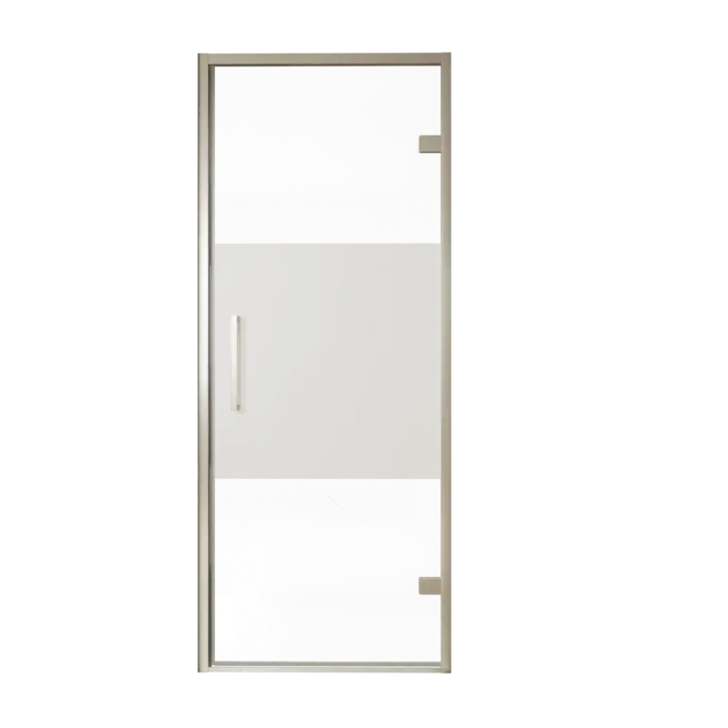 Balmani Senses Design Dusche Drehtür, Rechts, 90 cm x 210 cm, Klarglas mit mattiertem Streifen, Profil Brushed CoolMetal, inklusive Coating Neue Kollektion
