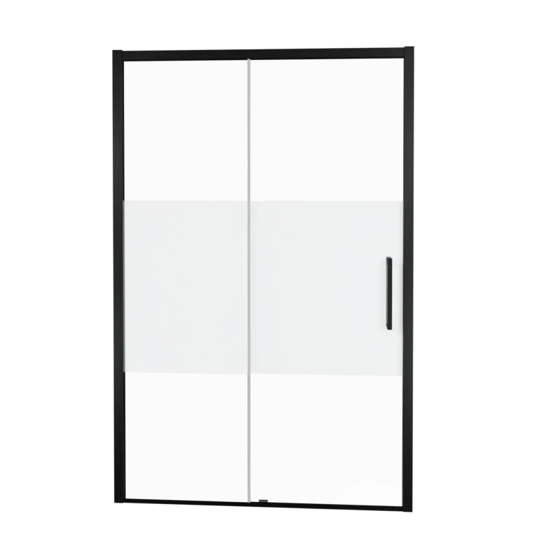 Balmani Senses Design Dusche Schiebetür, Links, 140 cm x 210 cm, Klarglas mit mattiertem Streifen, Profil Schwarz, inklusive Coating Billig