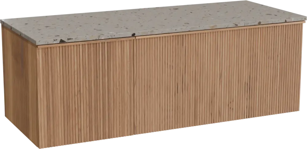 Angebot Balmani Forma hängendes Möbelstück Set: 135 x 55 cm, Teak, mit Stretto Einzel- oder Doppel Waschtischplatte, Terrazzo in Greige, Vertikale symmetrische gerade Rippe