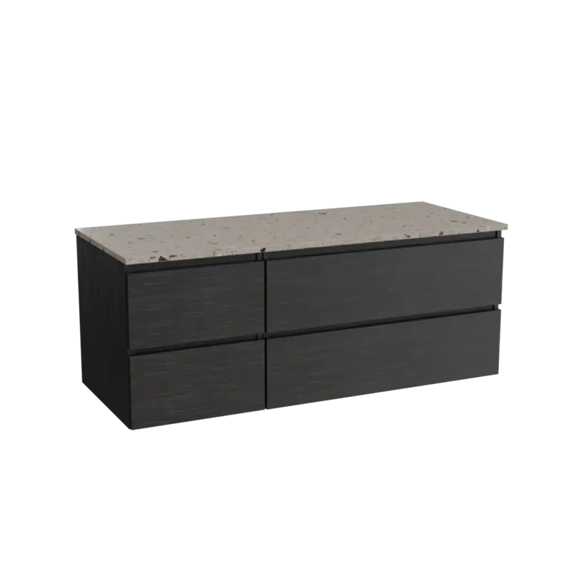 Balmani Lucida hängendes Möbelstück Set: 135 x 55 cm, Schwarze Eiche, mit Stretto Einzel- oder Doppel Waschtischplatte, Terrazzo in Greige Sonderangebot
