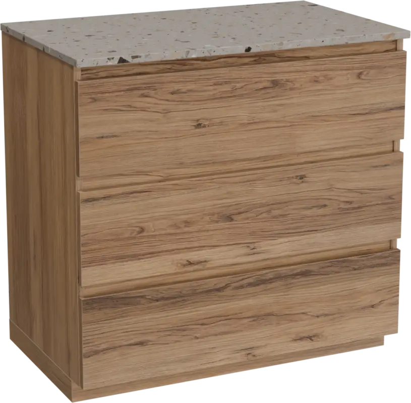 Direkt Vom Hersteller Balmani Lucida freistehendes Möbelstück Set: 90 x 55 cm, Teak, mit Stretto Einzel Waschtischplatte, Terrazzo in Greige