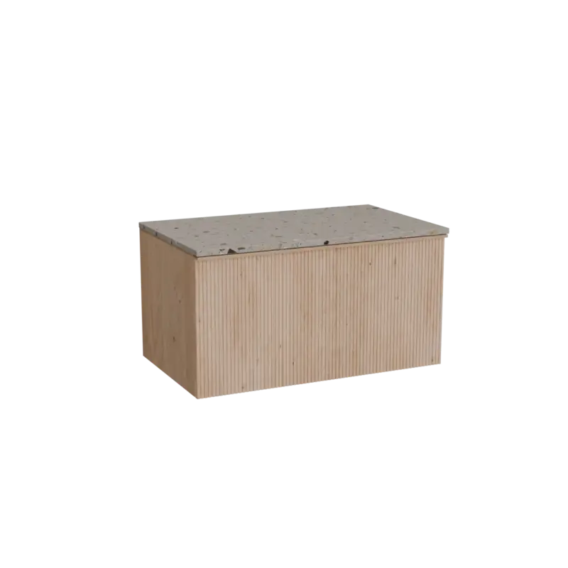 Jetzt Kaufen Balmani Forma hängendes Möbelstück Set: 90 x 55 cm, Naturbelassene Eiche, mit Stretto Einzel Waschtischplatte, Terrazzo in Greige, Vertikale symmetrische gerade Rippe