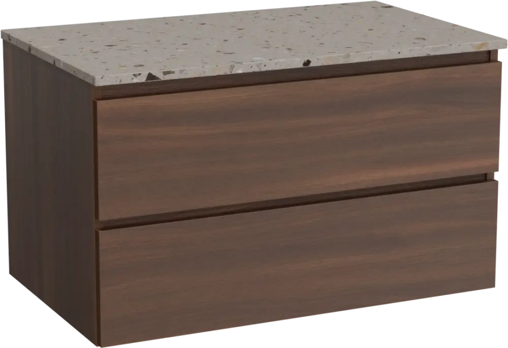 Balmani Lucida hängendes Möbelstück Set: 90 x 55 cm, Amerikanischer Nussbaum, mit Stretto Einzel Waschtischplatte, Terrazzo in Greige Nur Heute