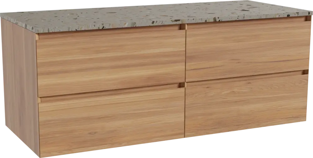 Sichere Zahlung Balmani Mitra hängendes Möbelstück Set: 135 x 55 cm, Teak, mit Stretto Einzel- oder Doppel Waschtischplatte, Terrazzo in Greige