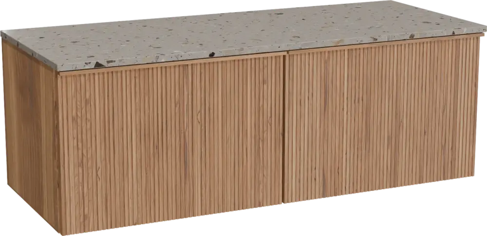 Balmani Forma hängendes Möbelstück Set: 135 x 55 cm, Teak, mit Stretto Einzel- oder Doppel Waschtischplatte, Terrazzo in Greige, Vertikale symmetrische gerade Rippe Direktkauf