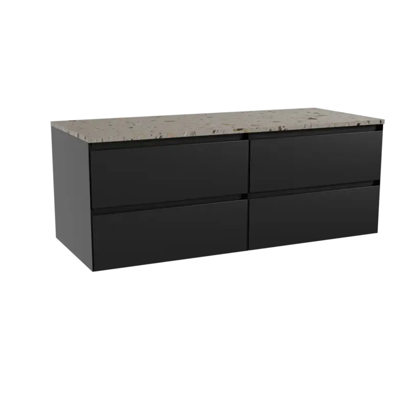 Sale Balmani Mitra hängendes Möbelstück Set: 135 x 55 cm, Schwarz matt, mit Stretto Einzel- oder Doppel Waschtischplatte, Terrazzo in Greige