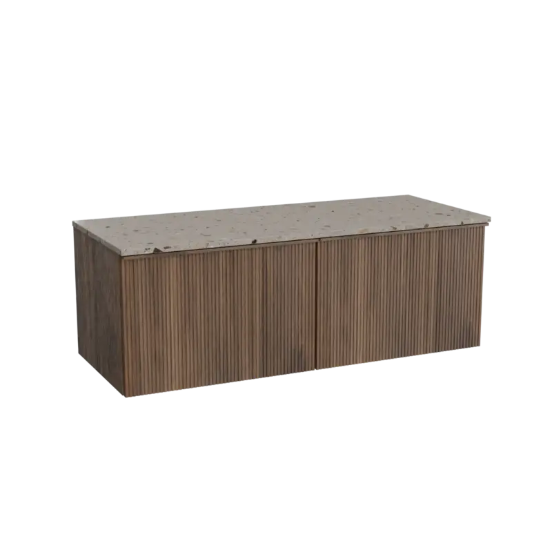 Balmani Forma hängendes Möbelstück Set: 135 x 55 cm, Amerikanischer Nussbaum, mit Stretto Einzel- oder Doppel Waschtischplatte, Terrazzo in Greige, Vertikale symmetrische gerade Rippe Must-Have