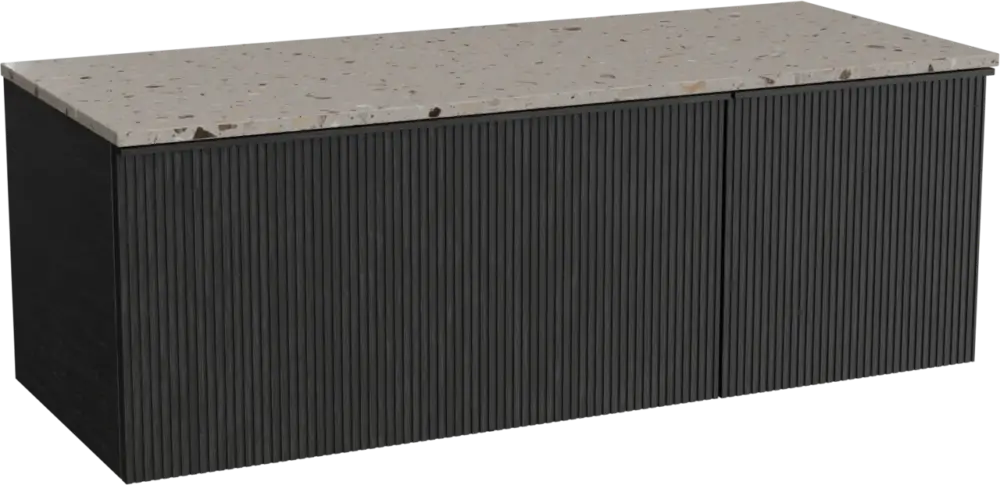 Balmani Forma hängendes Möbelstück Set: 135 x 55 cm, Schwarze Eiche, mit Stretto Einzel- oder Doppel Waschtischplatte, Terrazzo in Greige, Vertikale symmetrische gerade Rippe Ausverkauf
