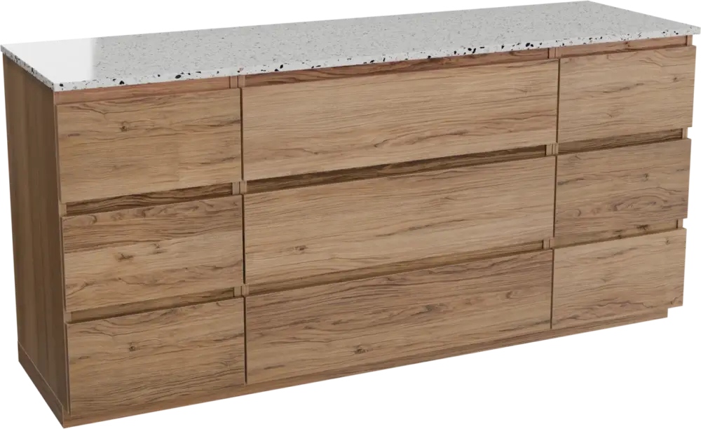 Billig Balmani Lucida freistehendes Möbelstück Set: 180 x 55 cm, Teak, mit Stretto Einzel- oder Doppel Waschtischplatte, Terrazzo in Weiß/Schwarz matt