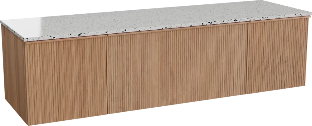 Mega-Angebot Balmani Forma hängendes Möbelstück Set: 180 x 55 cm, Teak, mit Stretto Einzel- oder Doppel Waschtischplatte, Terrazzo in Weiß/Schwarz matt, Vertikale symmetrische gerade Rippe