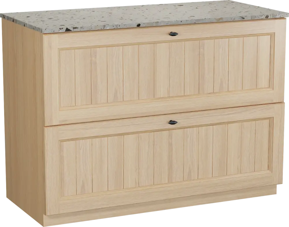 Direkt Vom Hersteller Balmani Lemon freistehendes Möbelstück Set: 120 x 55 cm, Naturbelassene Eiche Furnier, mit Stretto Einzel- oder Doppel Waschtischplatte, Terrazzo in Greige